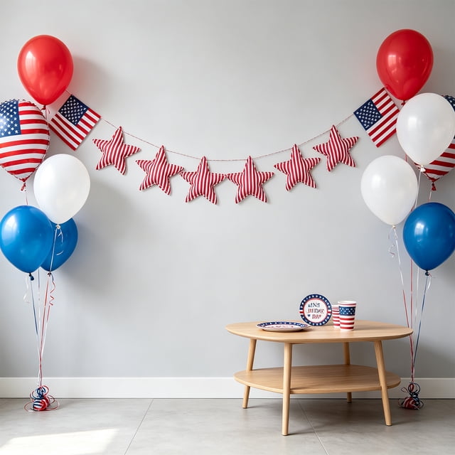 Guirnalda de banderas patrióticas con estrellas, líneas y lunares para decoración del hogar en el Día de la Independencia de julio, 120 cm, tela de poliéster