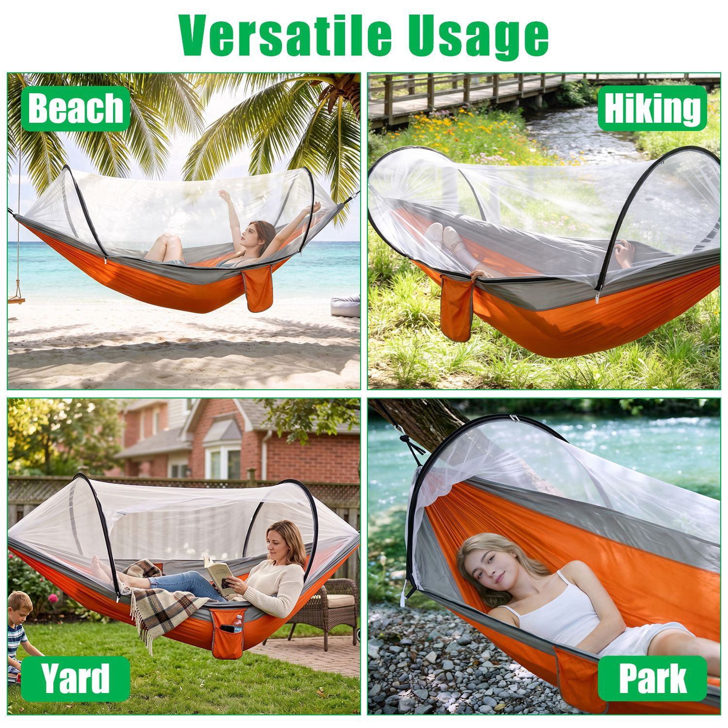 Pop-Up Mosquito Net Camping Hammock 3-in-1 Dual Zipper Hammock Tent, Lightweight 70D Nylon Portable Single Hammock Holds 440LBS with Side Pocket for Hiking Backpacking
