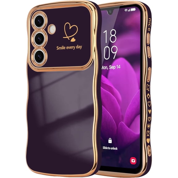 REQO for Samsung Galaxy A17 5G Case for Women Girls, Cute Wave Frame Curly Shape with Love Heart Camera Protection Cover Luxury Plating Shockproof Phone Case for Galaxy A17 5G