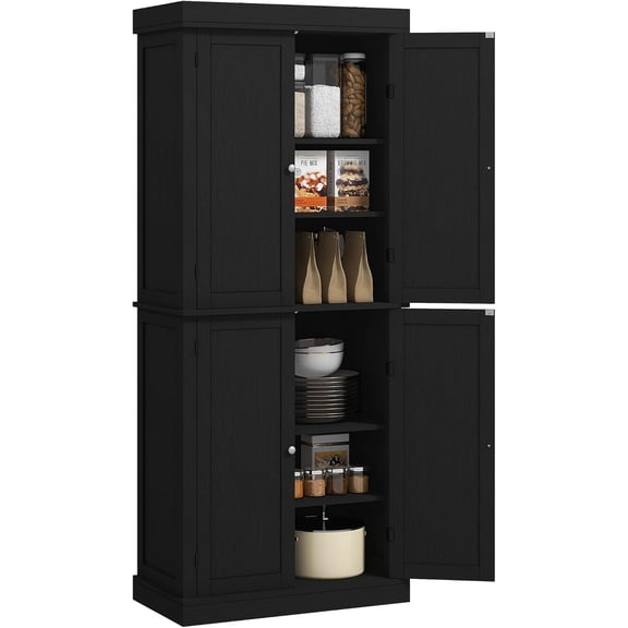 72.5" Tall Kitchen Pantry Cabinet, Freestanding Modern Farmhouse Kitchen Storage Cabinet with 4 Doors and 2 Adjustable Shelves for Dining Room, Black Wood Grain