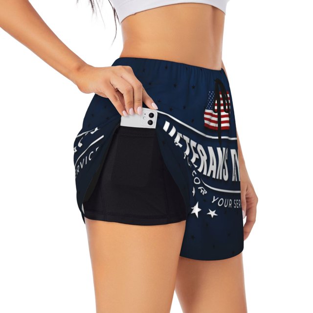 Balery Happy Veterans Day Pantalones cortos deportivos para mujer con forro y dos bolsillos, elásticos, para entrenamiento, gimnasio, yoga-Medium