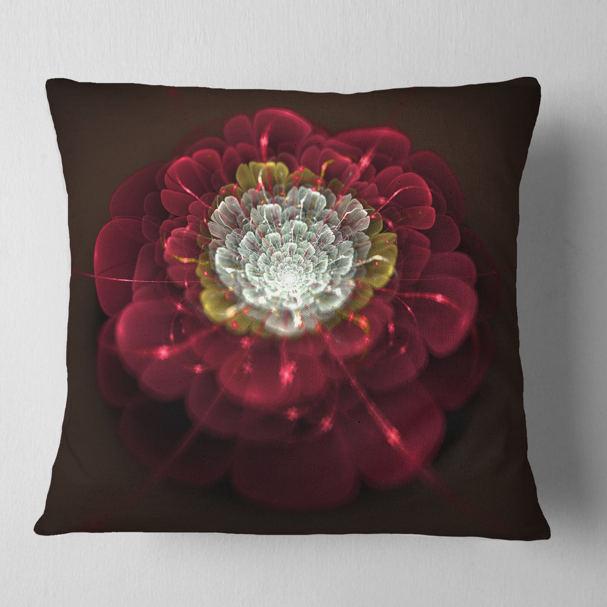 Designart Red Fractal Flower with White - Floral Throw Pillow - 18x18