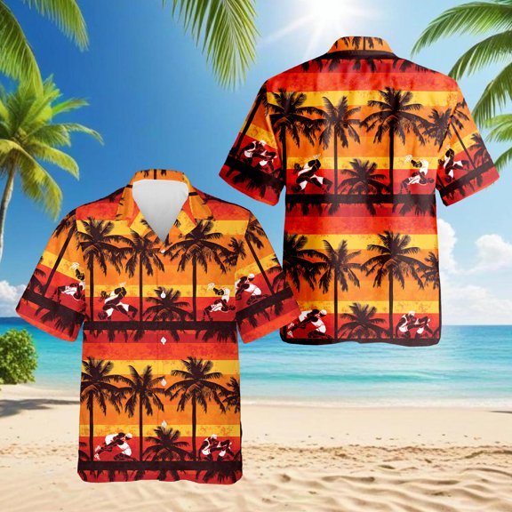 Wrestling Time Sunset Palm Tree Pattern Hawaiian Shirt for Men, Button Down Summer Beach Short Sleeve, S-5XL