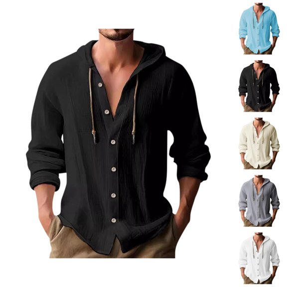 Cotton Linen Hooded Shirts for Men Long Sleeve Lightweight Breathable Button Down Cardigan Shirts Jacket