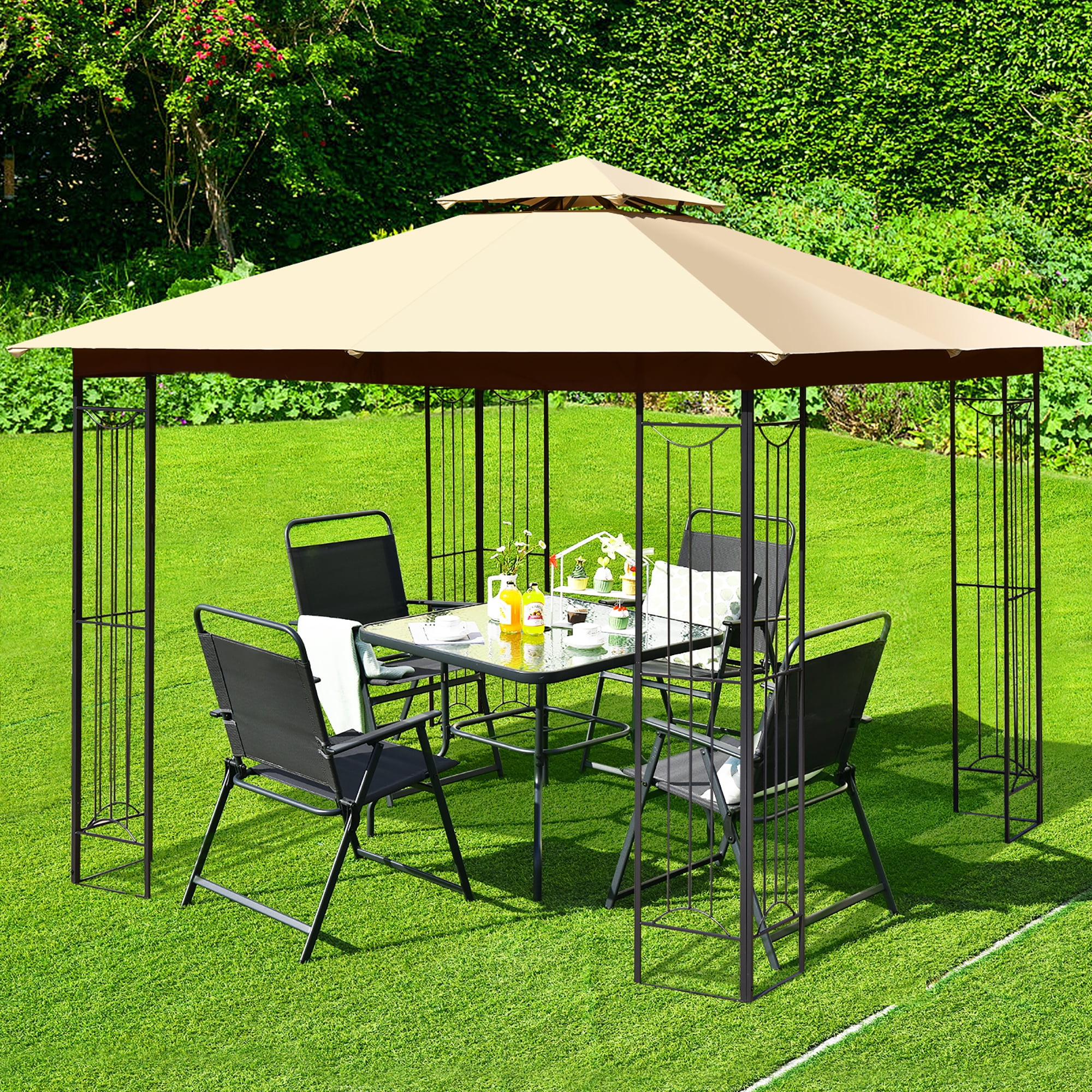 Costway 10' x 10' Patio Canopy Gazebo Outdoor 2-Tier Steel Tent Heavy-Duty L-Shaped Beige