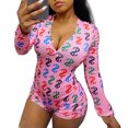 thumbnail image 1 of Women Sexy Home Wear Jumpsuit, Long Sleeve V-neck Dollars Printed One-piece, Pink/ White/ Black, 1 of 5