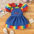 thumbnail image 2 of CUZIBR Fashion Girls Rainbow Short Sleeve Shirt Tops Letter Printed Cowboy Strap Skirt Two Piece Outfits Sets Fashionable Dailywear For Toddler, 2 of 9