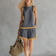 thumbnail image 5 of Women's Cotton Linen 2-Piece Outfit Contrast Trim Round Neck Sleeveless Top Pocket Shorts Casual Summer Set Dark Gray L(L), 5 of 6
