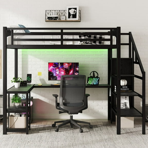 Full Size Loft Bed with L Shaped Desk and USB Metal Full Loft Bed with Wardrobe and LED