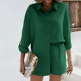 thumbnail image 5 of Women's Casual Loose Two Piece Sets Long Sleeve Shirt with Shorts Trendy Summer 2025 Outfits Green,XL, 5 of 7