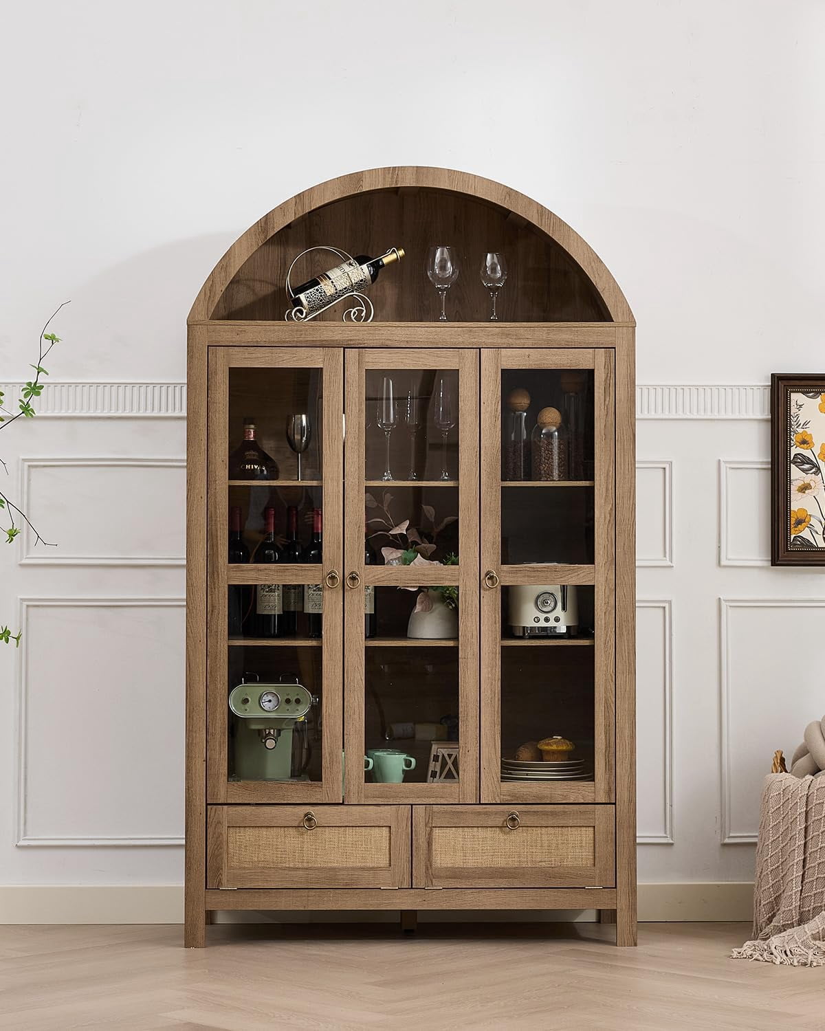 LAZZO 75" Arched Pantry Cabinet with Glass Doors, Rattan Drawers and Anti-Tipping Storage Cupboard for Kitchen and Living Room, Natural Wood