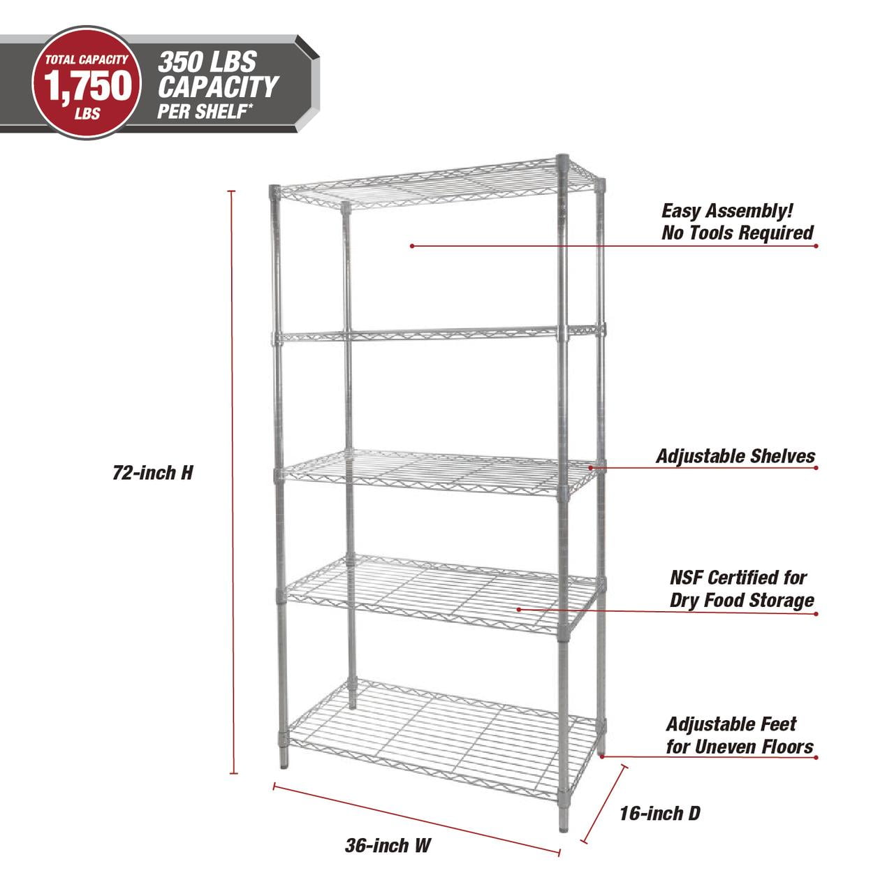 Hyper Tough 5-Tier Wire Storage Shelves, 36"W x 16"D x 72"H, 1750 lb Load Capacity, Chrome