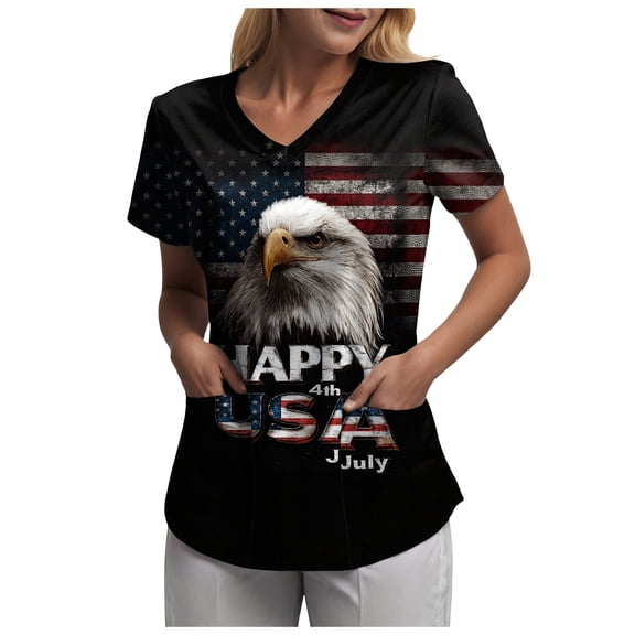 felwors Fourth of July Scrub Tops Women Scrubs for Women Patriotic Shirts V Neck Pattern Short Sleeve Nursing Top (Black, XXXL)