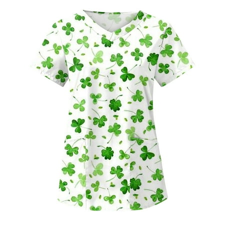 

Women Scrub Tops St. Patrick s Day Printed V-Neck Nursing Working Uniform Workwear Tops with Pockets Holiday T-shirt