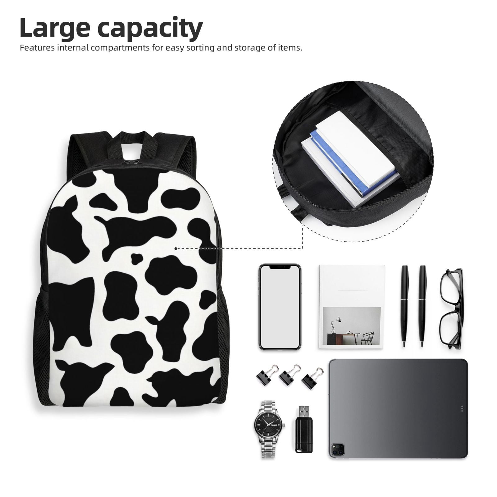 Single Side Full Backpack 16.1×11.8×4.5in Large Capacity Breathable Shoulder Belt Leisure Simple And Strong Bearing Capacity Simple Cow Print Pattern, Vector Art Style_4
