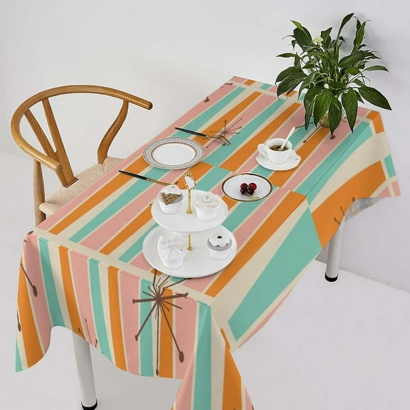 Mid Century Tablecloth, Modern Orange Blue Pink Geometric 1950s Boho Atomic Pattern Table Cloth for Holiday Home Picnic Party Wedding Buffet Parties Camping, Rectangle(60x84in)