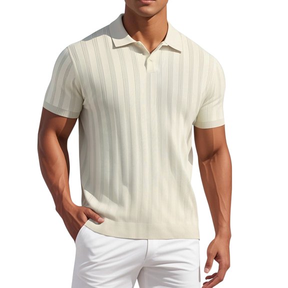 DARING DIVA Men's Short Sleeve Button Regular Fit Knit Texture Polo Shirt S Apricot