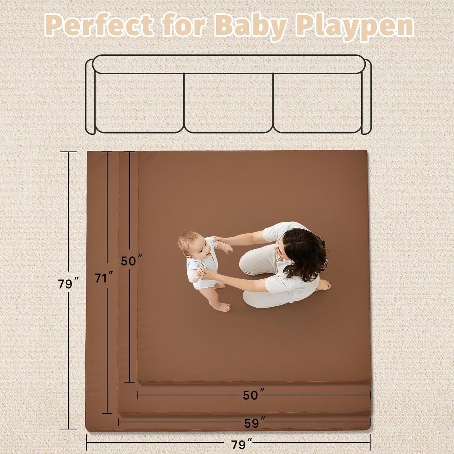 Waterproof Baby Play Mat for Floor Memory Foam 59 * 59 Cushion Playpen Playmat Tummy Time Crawling Mat Nursery Rug Thick Pad Create Soft & Safe Area for Infants,Toddler,Kids,Chestnut