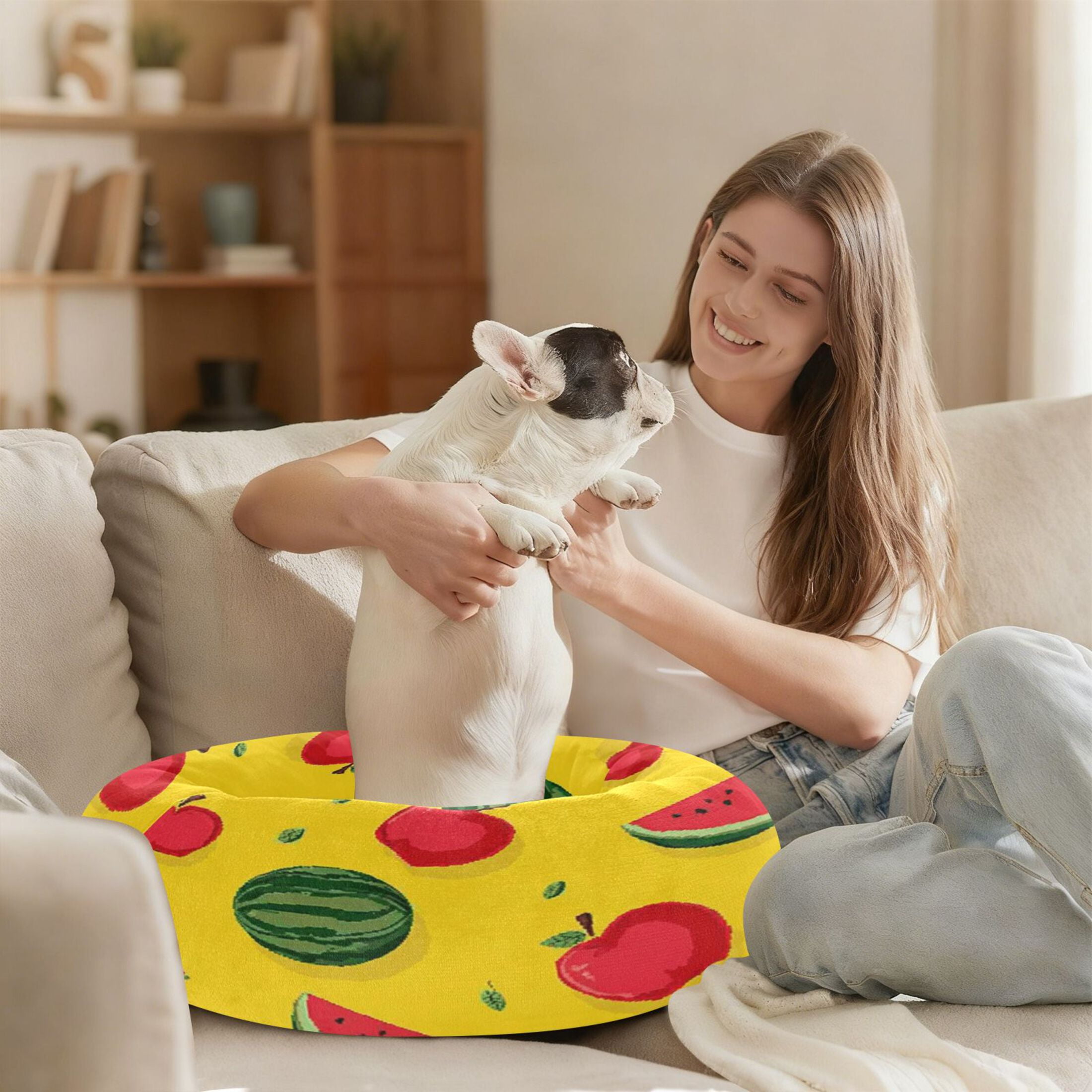 Iauyy Pet Couch Donut Cat Bed for Indoor Cats/Small Dogs Washable & Machine with Non-slip Bottom Calming Cat Furniture, Watermelon (M)