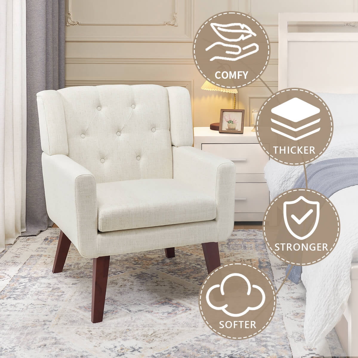 Accent Chair, Comfy Upholstered Mid Century Modern Armchair, Button-Tufted with Linen Fabric Lounge Arm Chairs for Living Room Bedroom (Beige)
