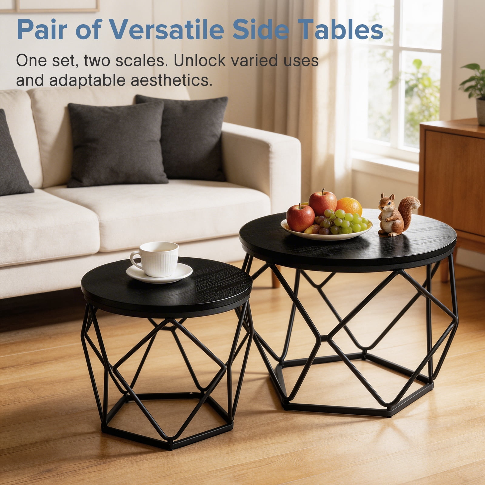 CONCETTA Small Round Coffee Table Set of 2, Nesting Side Tables for Living Room or Bedroom, Modern Accent End Tables,Black