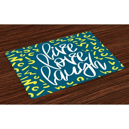 

Live Laugh Love Placemats Set of 4 Romantic Ornate Poster Design with an Inspirational Saying Washable Fabric Place Mats for Dining Room Kitchen Table Decor Violet Blue White Yellow by Ambesonne
