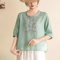 thumbnail image 5 of ClodeEU Women's Floral Embroidered Linen Blend Top,Casual Round Neck 3/4 Sleeve Blouse Green,Women's Plus L, 5 of 6