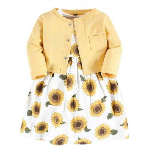 Hudson Baby Infant Girl Cotton Dress and Cardigan Set, Sunflower, 0-3 Months