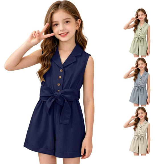 TinyBloomm Boy Rompers Girls Summer Romper Jumpsuit Sleeveless Notch Lapel Button Front Tie Waist Shorts Playsuit Casual Outfit, Size 6-7 Years