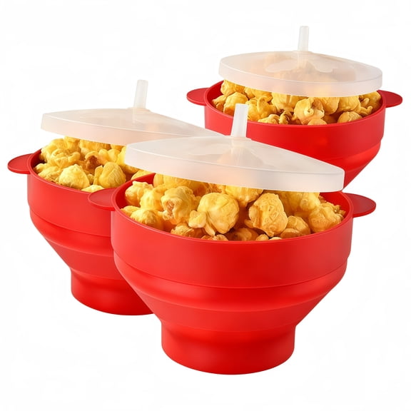 3 Pack Collapsible Microwaveable Silicone Popcorn Popper Bowl Red