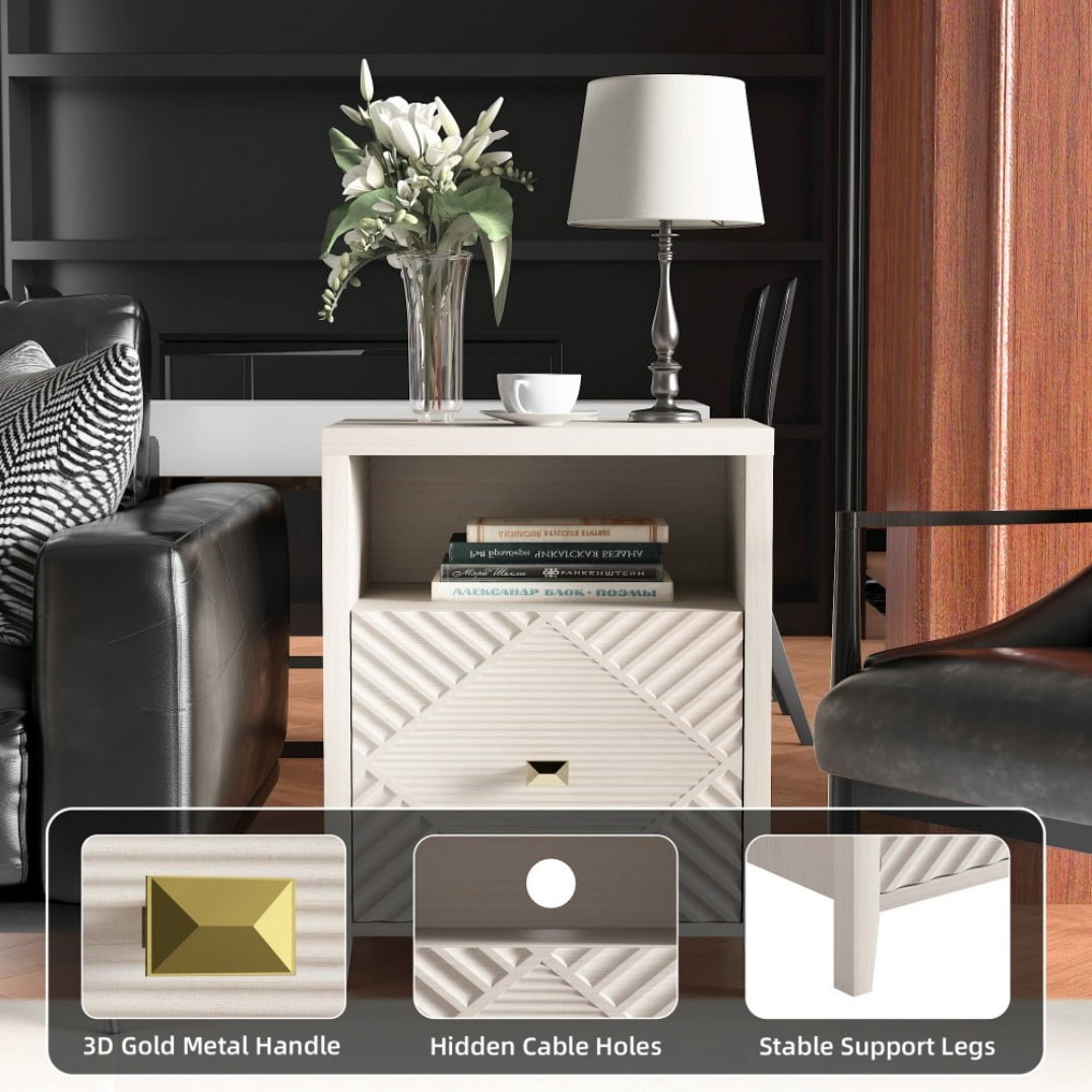Nightstand with Charging Station, 2 USB Ports & 2 AC Outlets, 19" Modern Bedside Table with Storage Shelf and Cabinet, Beige