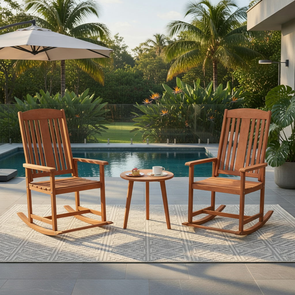Hommoo Solid Wood Outdoor Rocking Chair, High-Back Porch Rocker with Slatted Seat, Easy Assembly for Patio, Deck & Poolside, Natural