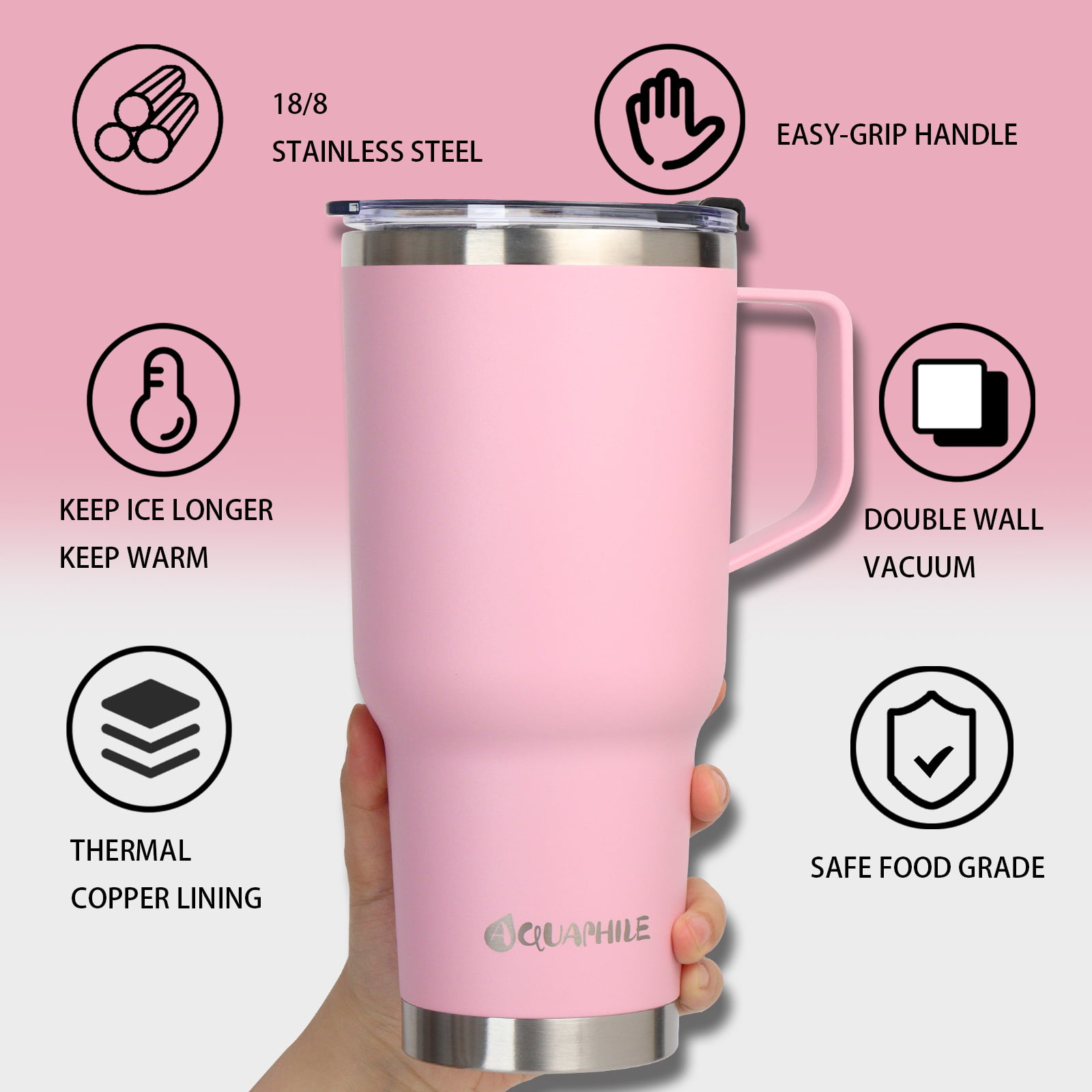 Aquaphile 20oz Stainless Steel Insulated Coffee Mug with Handle, Double  Walled Vacuum Travel Cup with Lid & Straw, Portable Coffee Tumbler,Pink 
