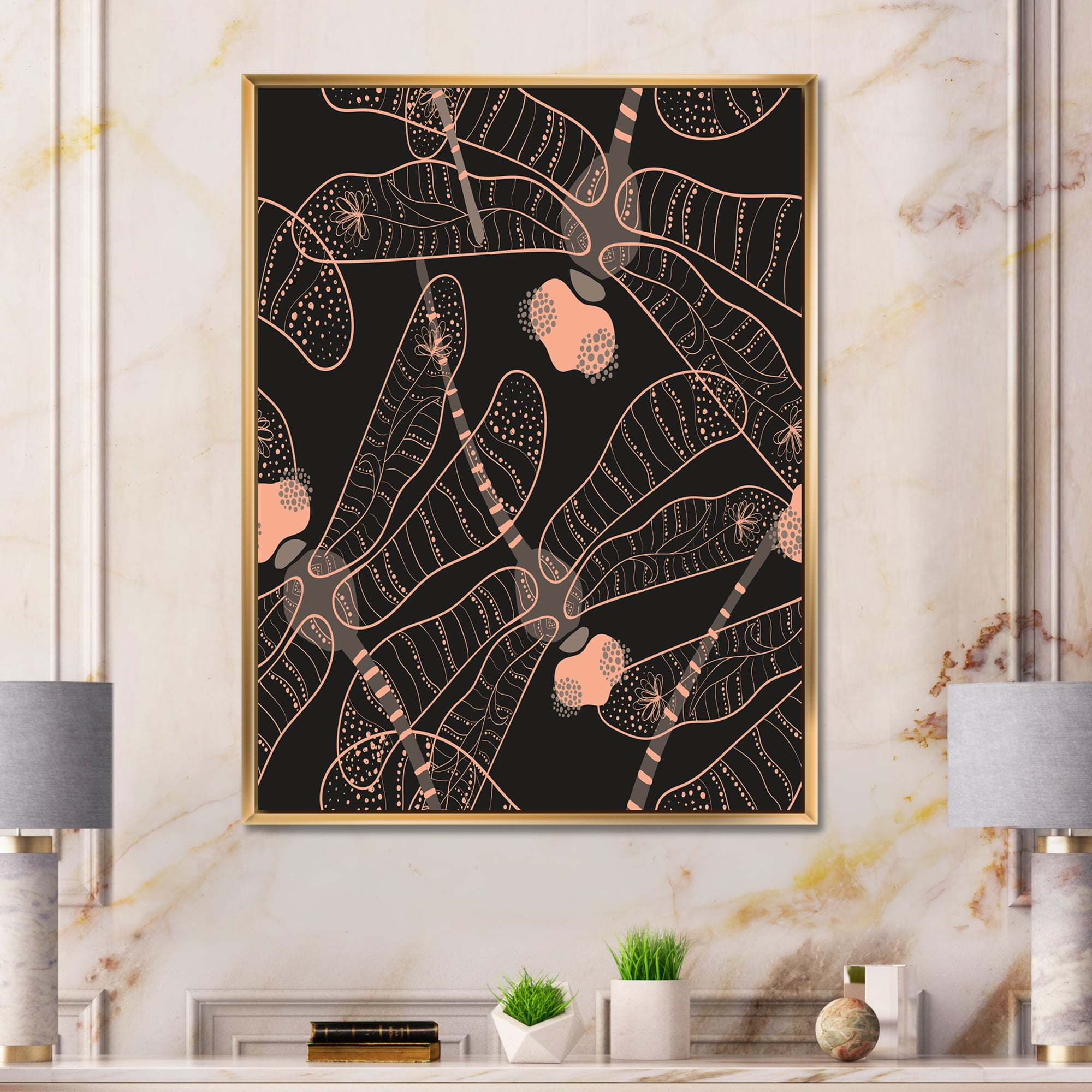 Designart 'Dragonflies With Folk Art Seamless Pattern' Bohemian & Eclectic Framed Canvas Wall Art Print