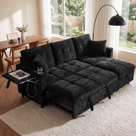 Aukfa 81" L Shape Sleeper Sectional Sofa Bed, Chenille Convertible Couch with Storage Chaise, Side Table & USB/Type-C Ports,Black