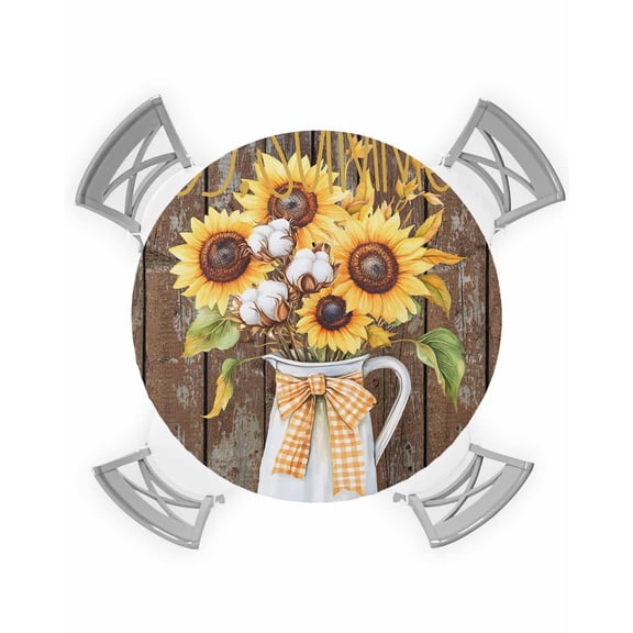 nqOlkjepod Summer Sunflowers Round Tablecloth, Fitted Table Cover with Elastic for 36"-44" Round Tables, Blossoming Botanical Florals Wooden Table Cloth Outdoor Dinning Party Waterproof Tablecloths