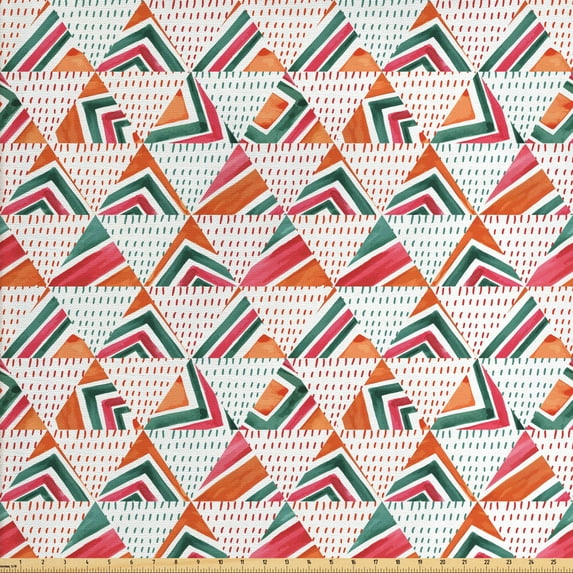 Tribal Fabric by the Yard, Vibrant Triangle Watercolor Timeless Hand Drawn Doodle Pattern, Decorative Upholstery Fabric for Chairs & Home Accents, Orange Jade Green Pink by Ambesonne