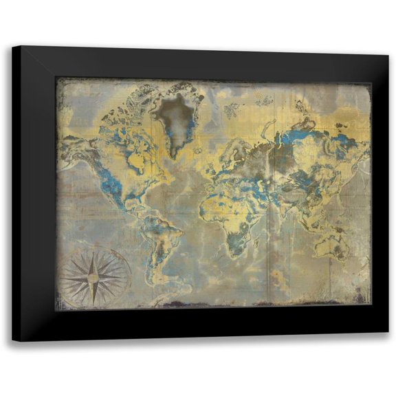 Allen, Kimberly 14x12 Black Modern Framed Museum Art Print Titled - Golden Teal World Map