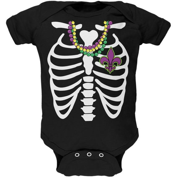 Mardi Gras Skeleton Fleur-de-lis Heart Black Soft Baby One Piece - 9-12 months