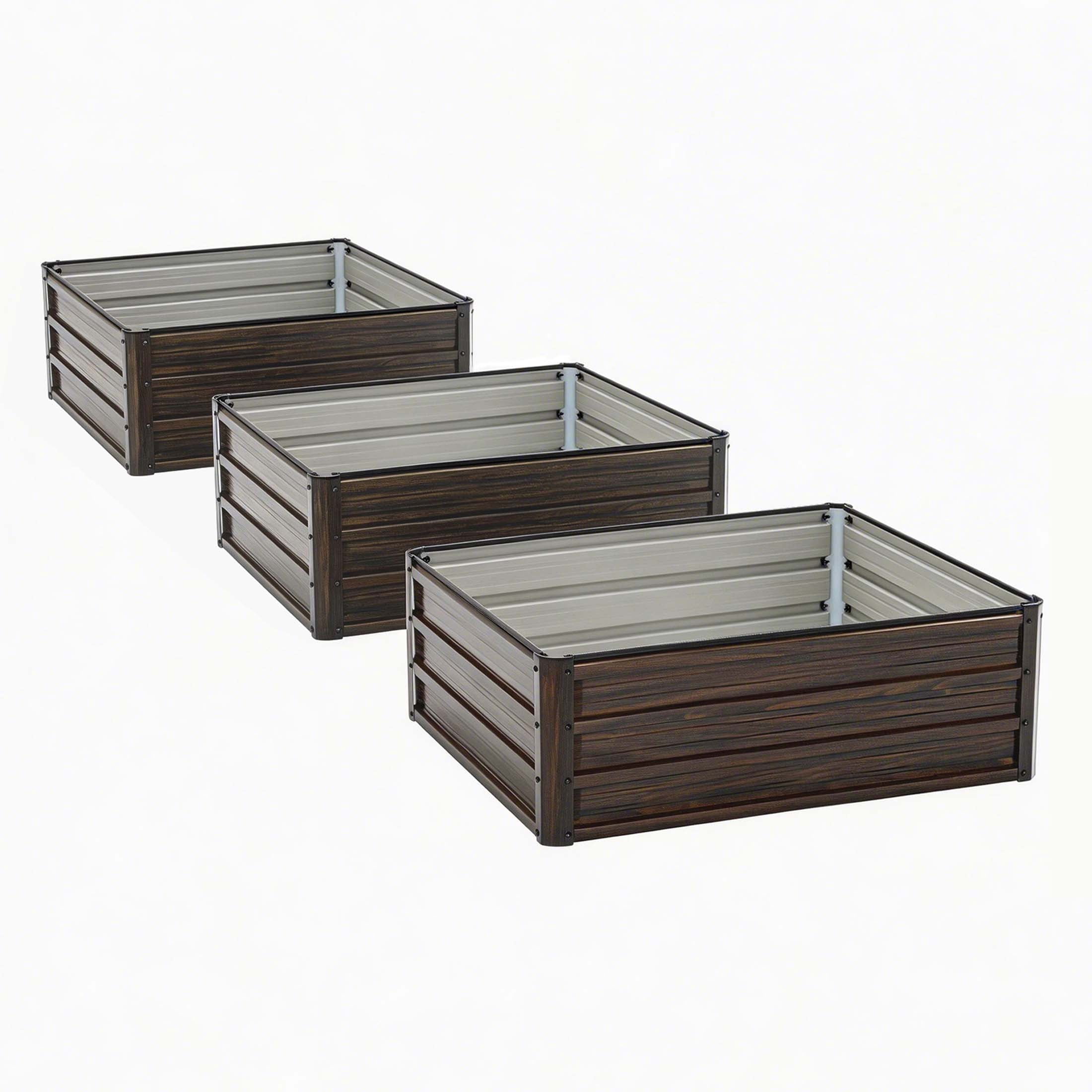 LZBEITEM 3-Pack Galvanized Raised Garden Bed, 4x3x1ft Metal Planter Box for Outdoor Vegetables, Herbs & Flowers, Wood Grain Brown