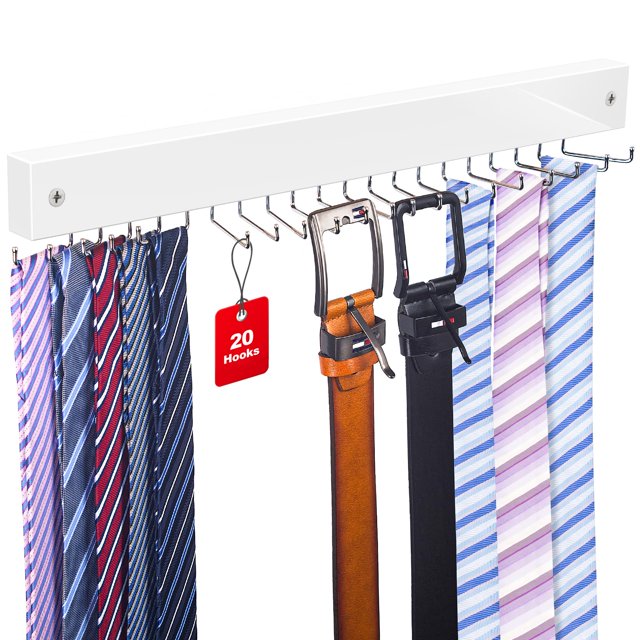 Perchero para corbatas, colgador de cinturón montado en la pared, giratorio 360, organizador de cinturón, 20 ganchos de almacenamiento para cinturones, corbatas, bolsos, bufandas, camisetas sin mangas