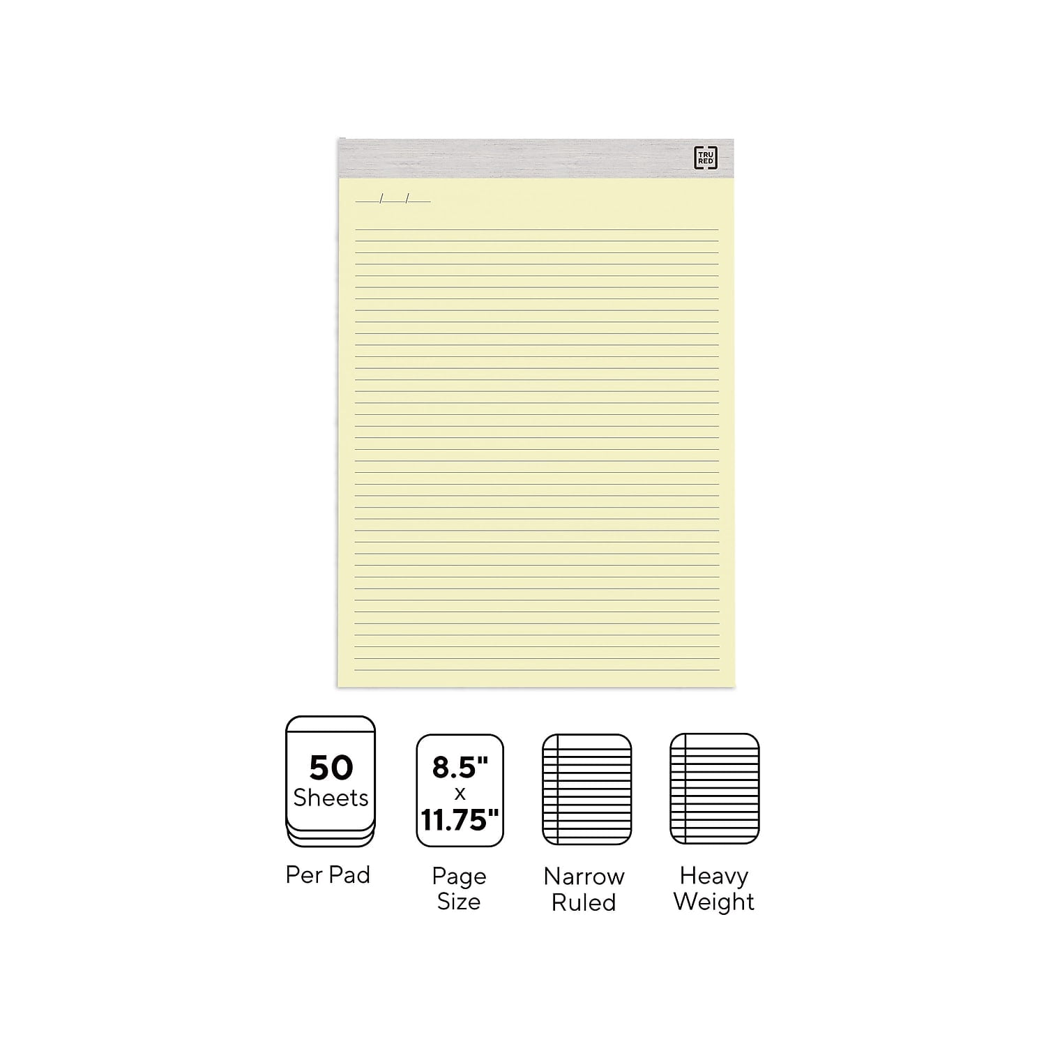 Staples TRU RED Notepads 8.5" x 11.75" Narrow Ruled Canary 50 Sheets/Pad 12 Pads/Pack (TR57383)