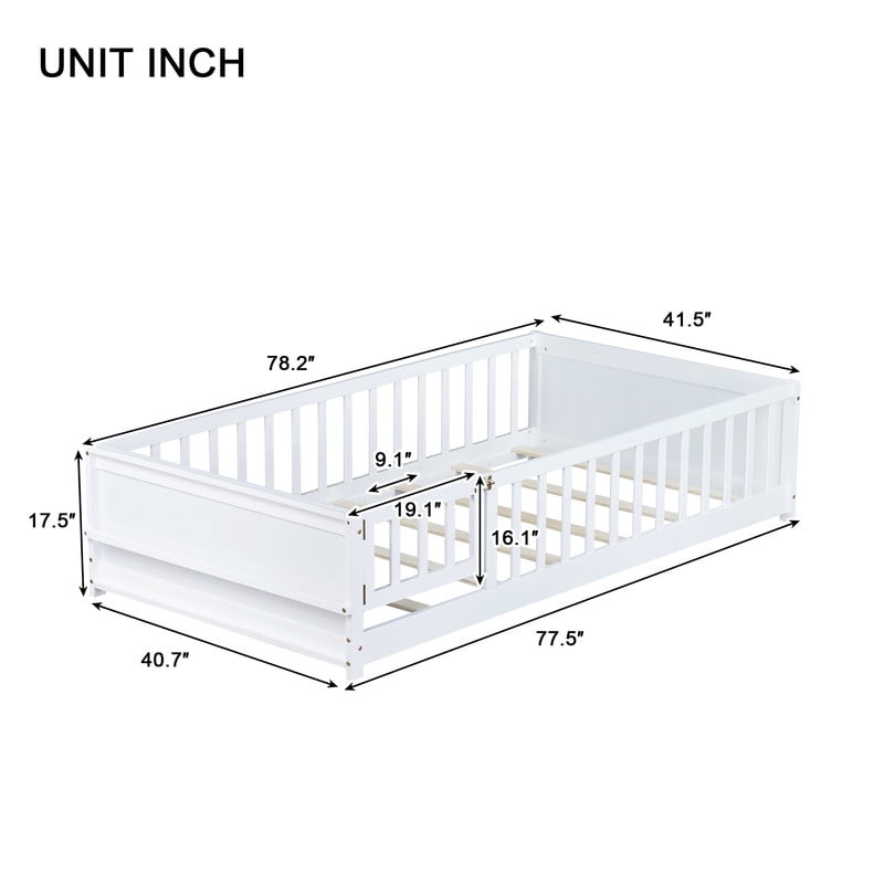 Twin Size Wooden Platform Bed with Safety Guardrails & Built-in Bookshelf, Montessori Kids Floor Bed Frame with Door