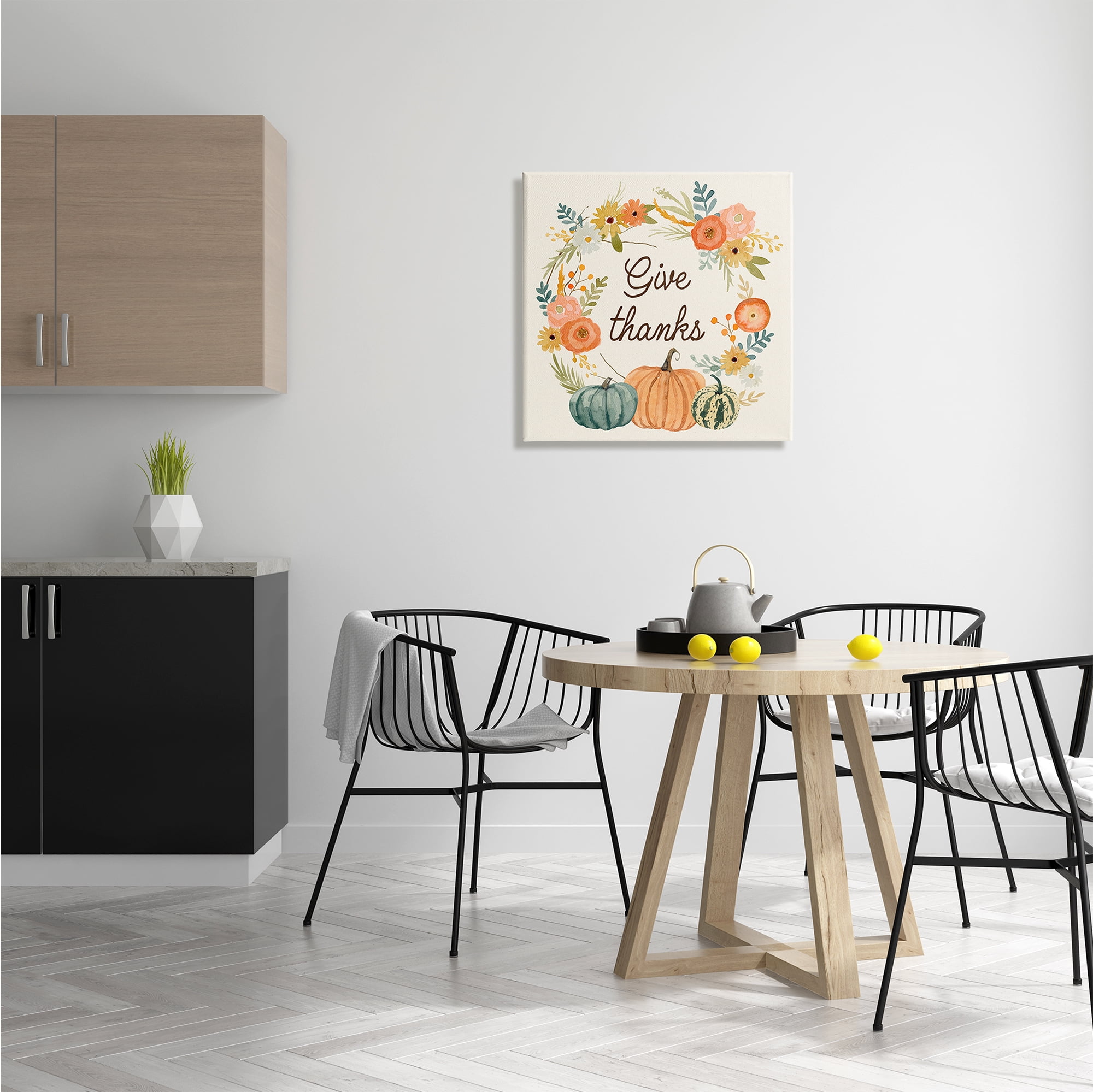 Stupell Industries Give Thanks Sentiments Orange Floral Pumpkin Wreath Inspirational Painting Gallery Wrapped Canvas Print Wall Art, 24 x 24