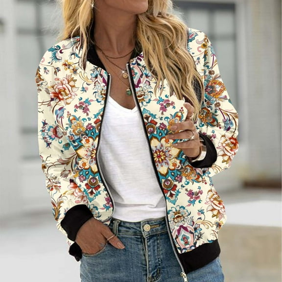 Fartey Bomber Jacket for Women 2025 Vintage Floral Zip Up Coats Long Sleeve Stand Collar Fall Jackets Lightweight Outerwear Tops with Pockets S-2XL