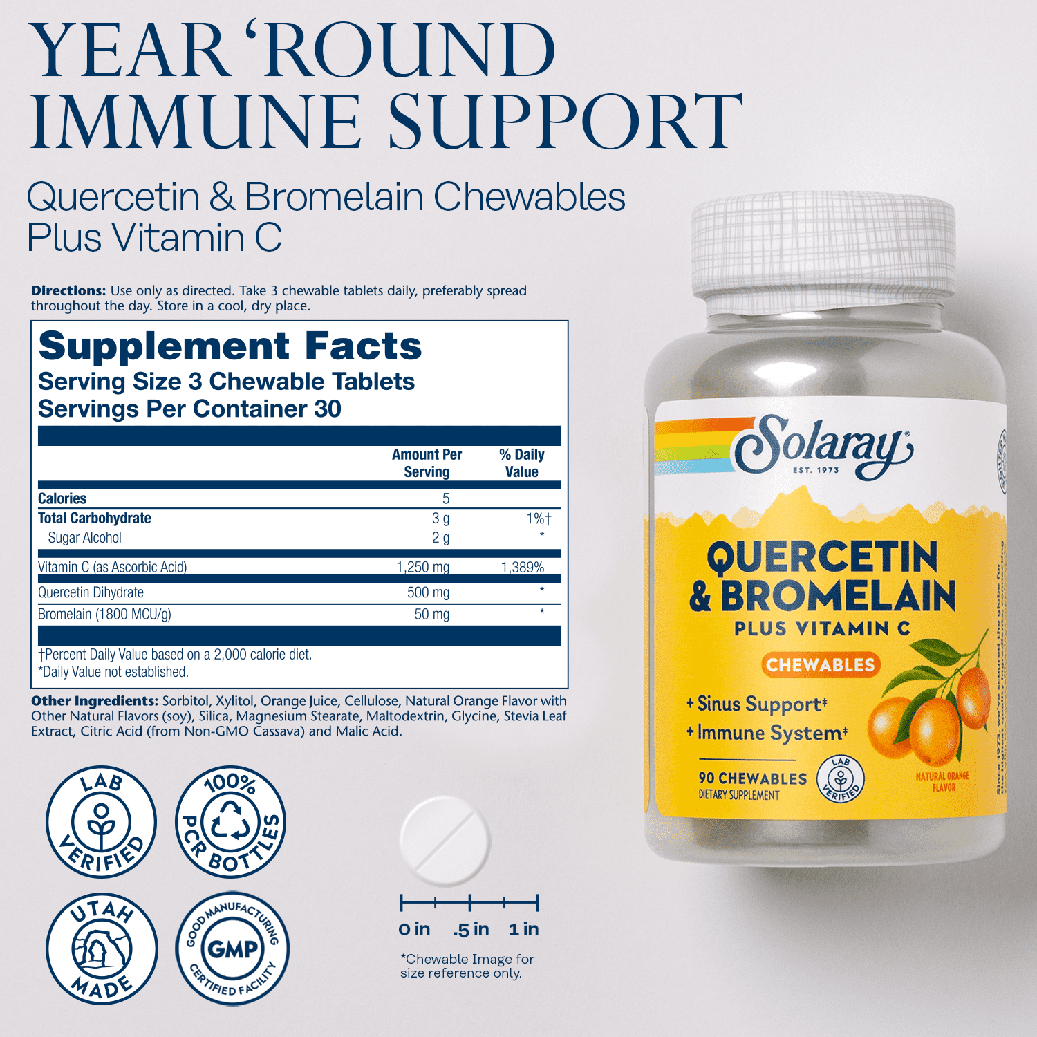 Solaray QBC Plex Chewables | Quercetin & Bromelain Plus Vitamin C | Immune & Respiratory Health Support | 90ct, 30 Serv.