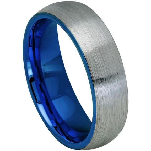Ring for Men and Women Domed Blue IP Plated Inside & Gun Metal Brushed Center – 6mm Wedding Band Ring Ideal Rings for Couples