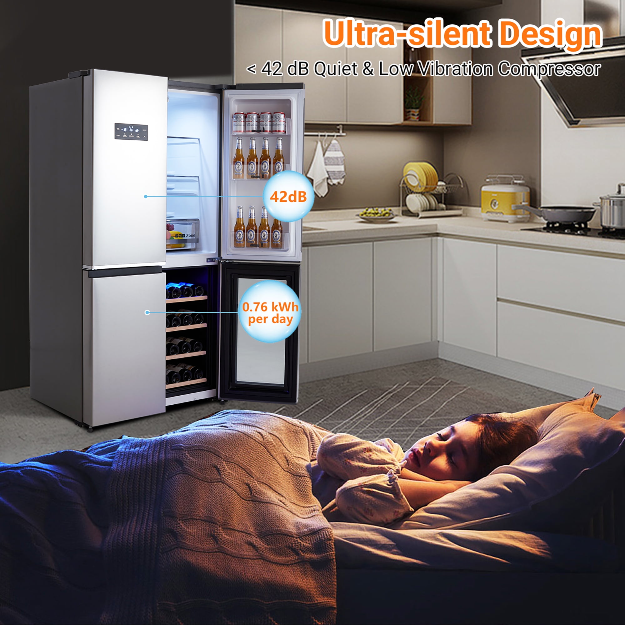 Festisoul 21 Cu.Ft Capacity Counter Depth French Door Fridge with Wine Cabinet, 4-Door Large French Refrigerator Frost-Free Cooling Stainless Steel Refrigerators for Home