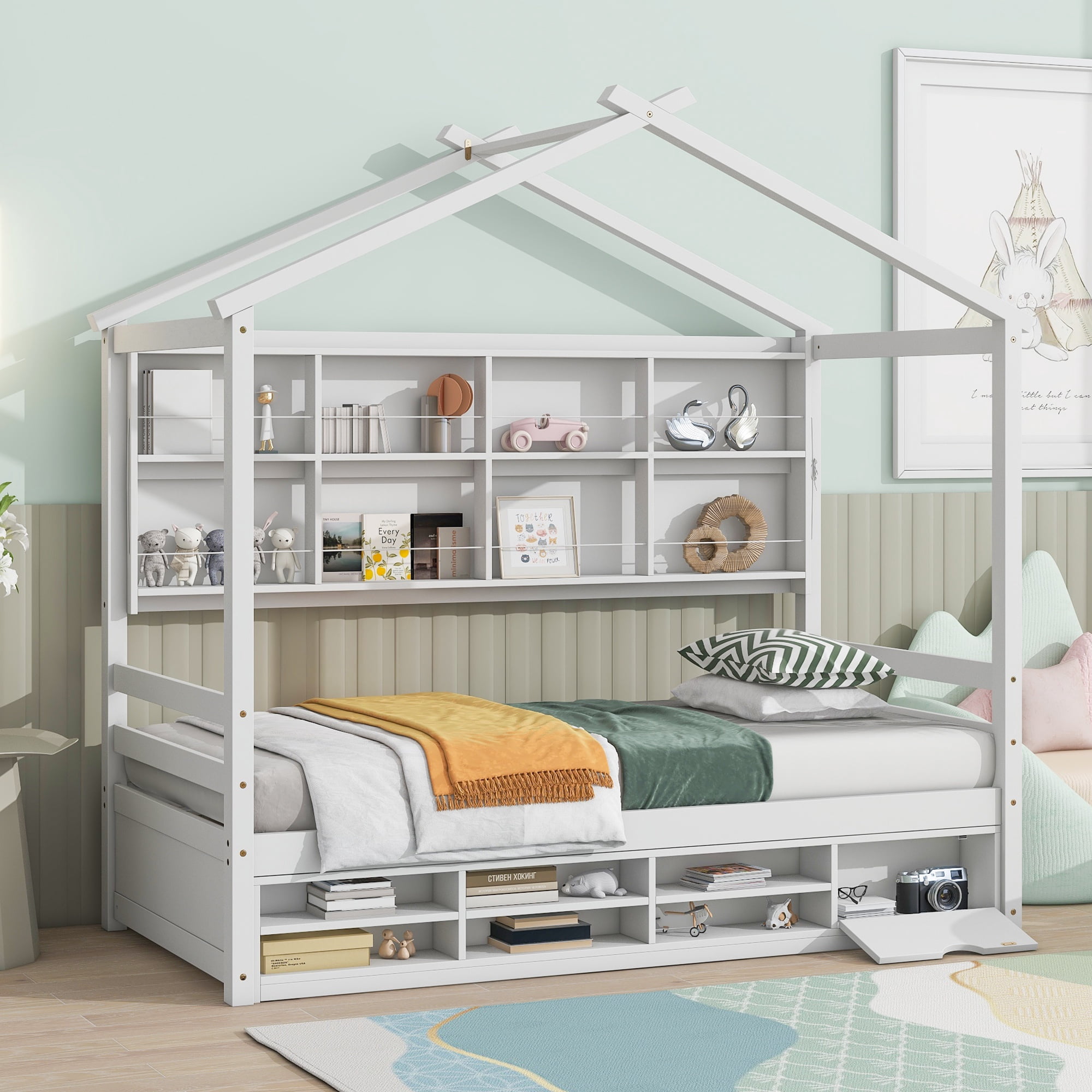 PORKISS Twin House Bed, Wood Platform Bed with Roof Frame and Beside-Shelves, Modern Montessori Toddler Bed with Under Bed Storage Unit for Kids, No Box Spring Needed, White