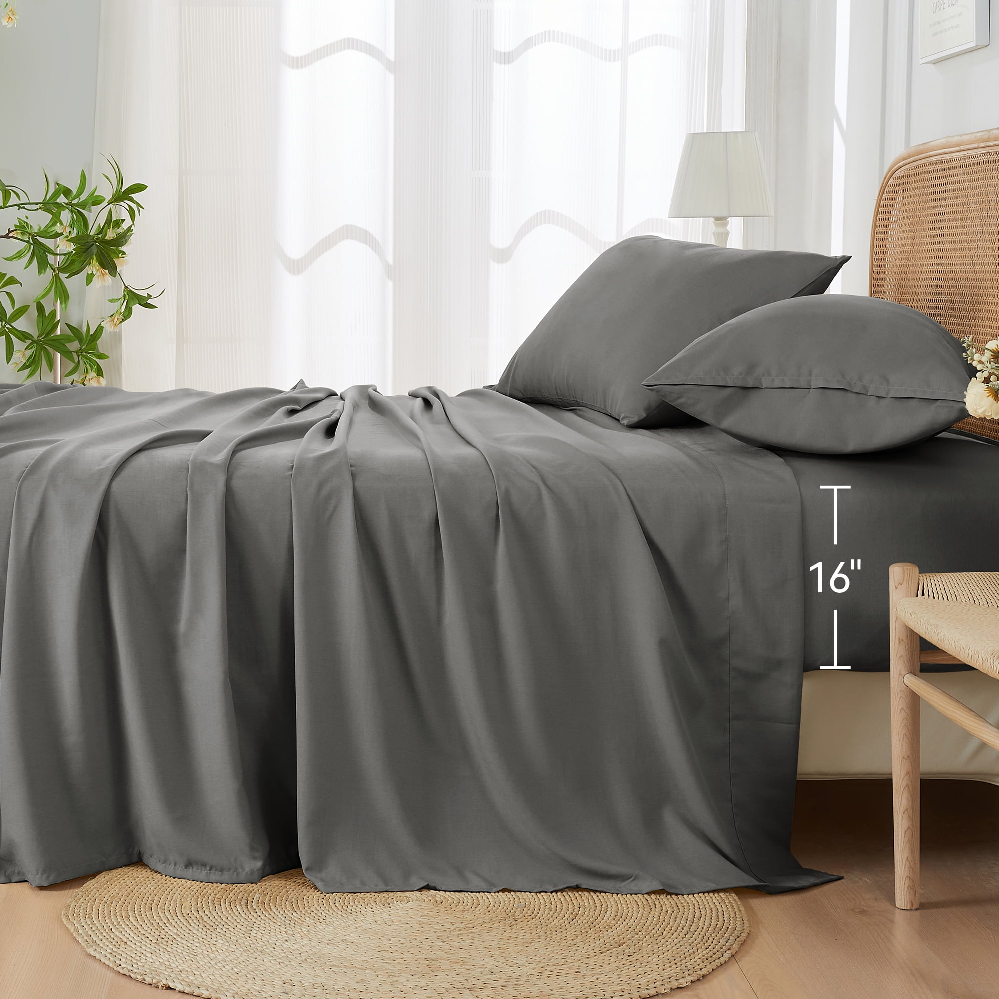 JELLYMONI 4 Pieces Cooling Queen Sheets Set, Microfiber & Bamboo Sheet Set, Breathable & Wrinkle Free - 16" Deep Pockets Bedding Sheets & Pillowcases,Dark Grey